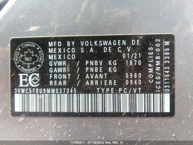 3VWC57BU9MM037345 Volkswagen Jetta S/se/r-line