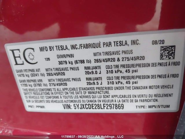Tesla MODEL X 2020 5YJXCDE28LF297869 Image 9