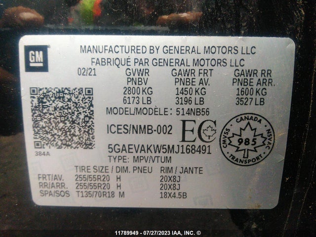 5GAEVAKW5MJ168491 Buick Enclave
