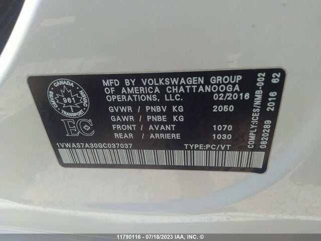1VWAS7A30GC037037 Volkswagen Passat S/r-line