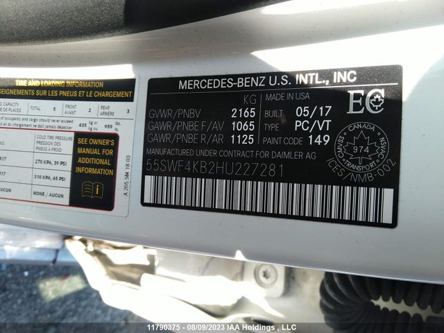 Продажа на аукционе авто 2017 Mercedes-benz C 300 4matic, vin: 55SWF4KB2HU227281, номер лота: 11790375