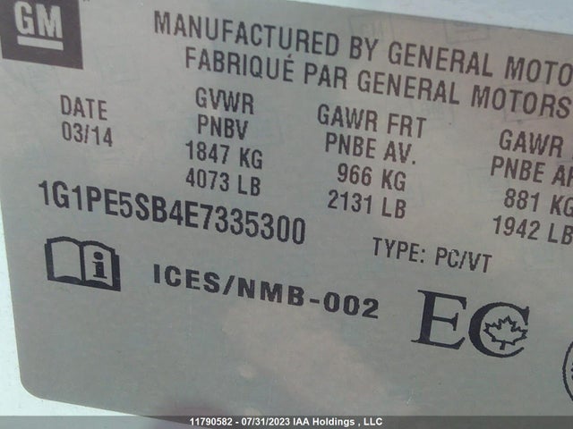 Chevrolet CRUZE LT 2014 1G1PE5SB4E7335300 Image 9