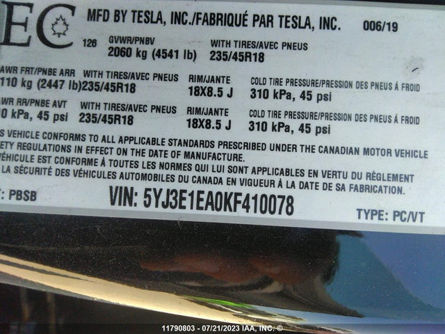 5YJ3E1EA0KF410078 Tesla MODEL 3