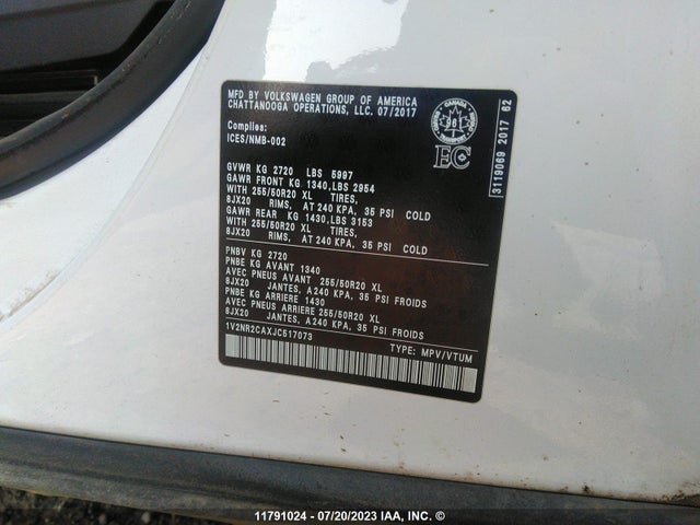 1V2NR2CAXJC517073 Volkswagen Atlas Sel Premium