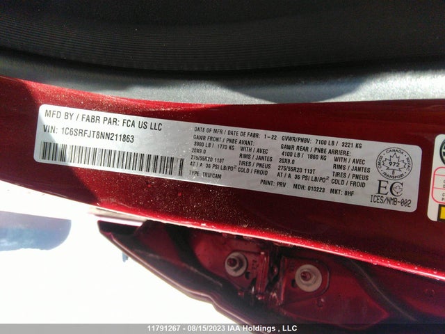 1C6SRFJT8NN211863 RAM 1500 Laramie