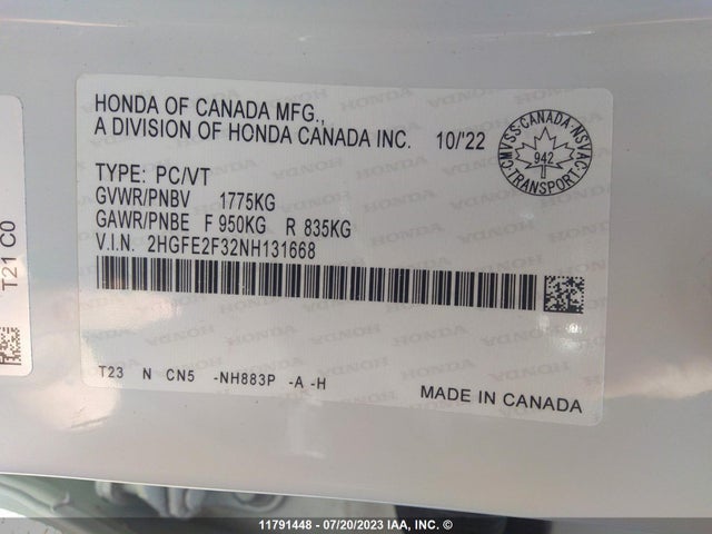 Honda CIVIC EX 2022 2HGFE2F32NH131668 Image 12