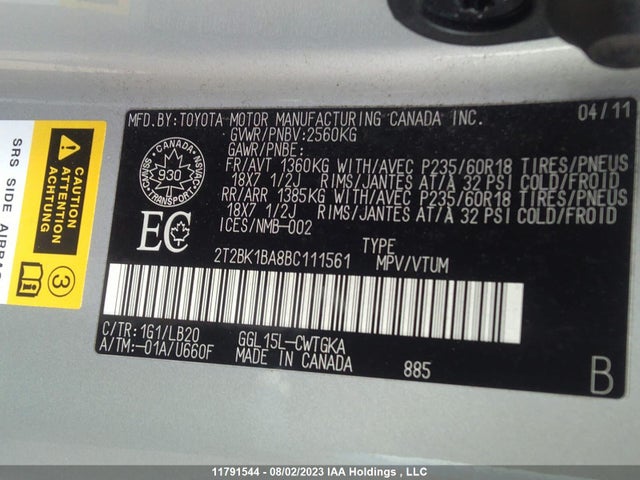 11791544 :رقم المزاد ، 2T2BK1BA8BC111561 vin ، 2011 Lexus Rx 350 مزاد بيع