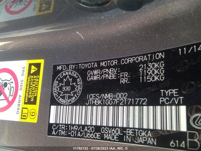 JTHBK1GG7F2171772 Lexus ES 350