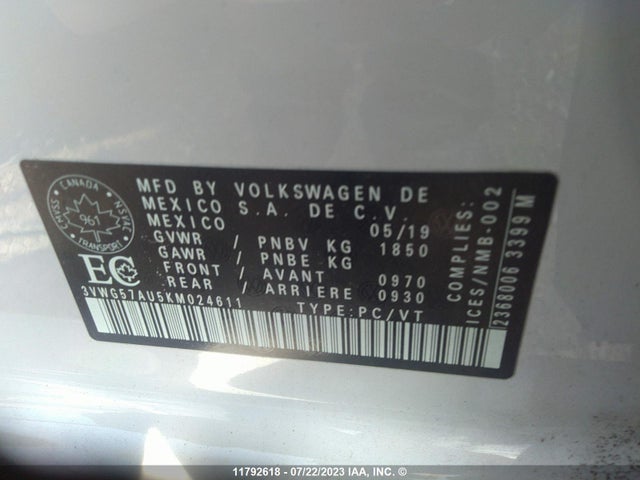 3VWG57AU5KM024611 Volkswagen GOLF S/SE