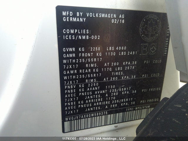 WVGJV7AX8GW589375 Volkswagen Tiguan Comfort/high/r-line/sp Ed