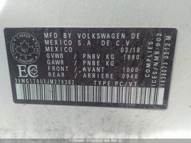 3VWG17AU5JM279382 Volkswagen GOLF S/SE