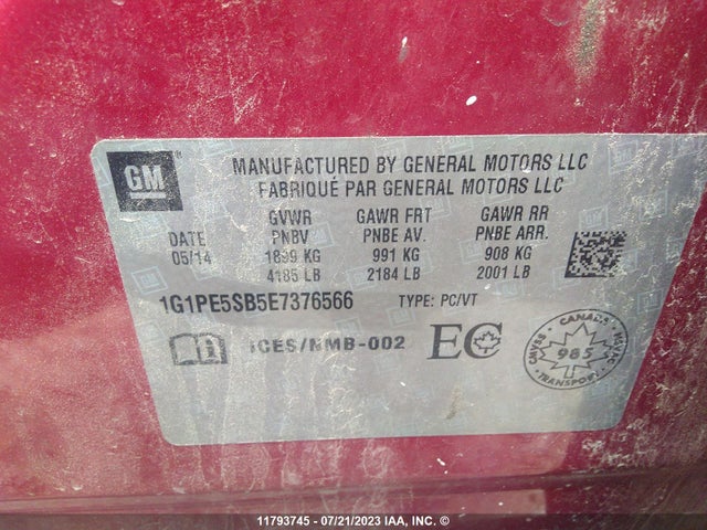 Chevrolet CRUZE LT 2014 1G1PE5SB5E7376566 Image 9
