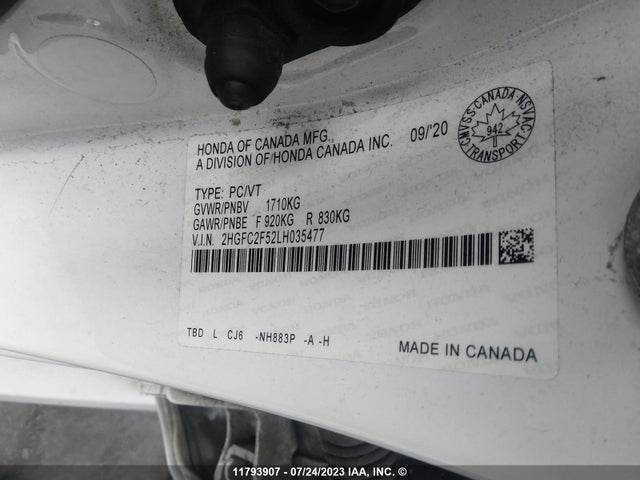 Honda Civic Lx 2020 2HGFC2F52LH035477 Image 9