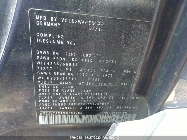 WVGJV7AX4GW591785 Volkswagen Tiguan Comfort/high/r-line/sp Ed