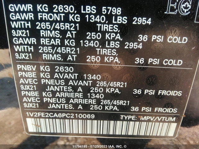 1V2FE2CA6PC210069 Volkswagen Atlas Cross Sport Se