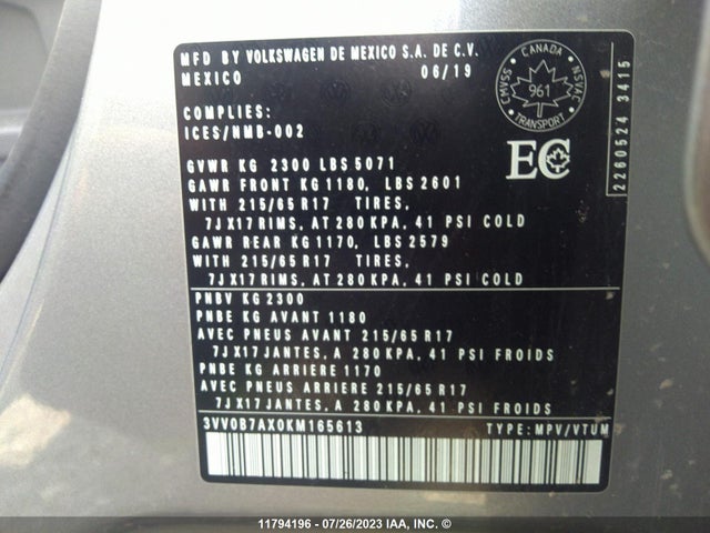 3VV0B7AX0KM165613 Volkswagen TIGUAN S