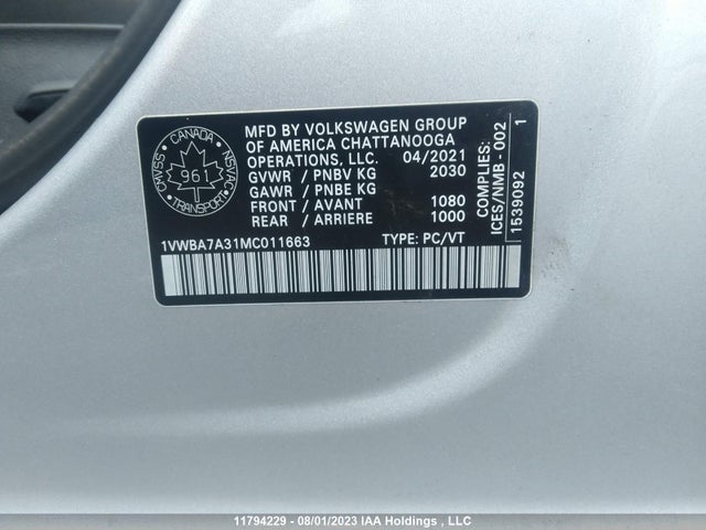 1VWBA7A31MC011663 Volkswagen Passat Highline