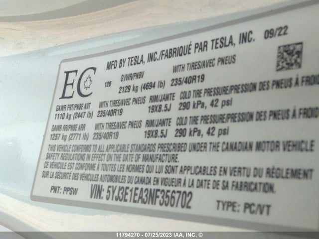 5YJ3E1EA3NF356702 Tesla MODEL 3