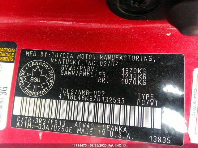 11794473 :رقم المزاد ، 4T1BE46K87U132593 vin ، 2007 Toyota Camry Ce/le/xle/se مزاد بيع