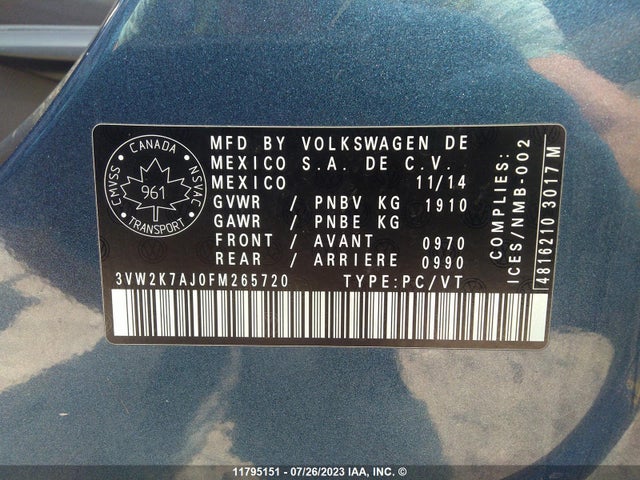 3VW2K7AJ0FM265720 Volkswagen JETTA S