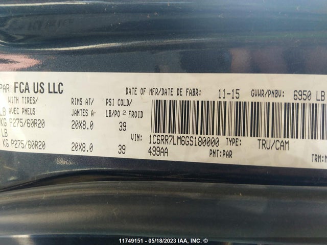 1C6RR7LM6GS180000 RAM 1500 Slt