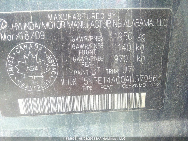 2010 Hyundai Sonata Gls მანქანა იყიდება აუქციონზე, vin: 5NPET4AC0AH579864, აუქციონის ნომერი: 11795653