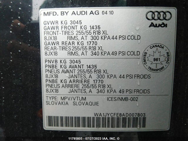 Продажа на аукционе авто 2010 Audi Q7 Premium, vin: WA1JYCFE8AD007803, номер лота: 11795805