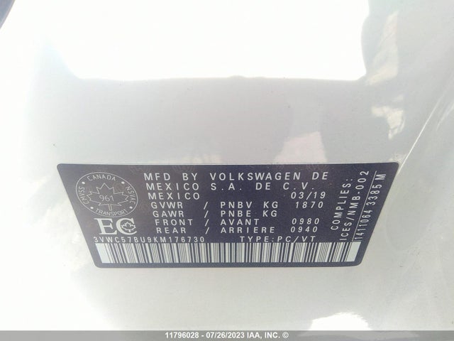 3VWC57BU9KM176730 Volkswagen Jetta S/se/r-line