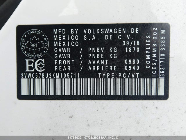 3VWC57BU2KM105711 Volkswagen Jetta S/se/r-line