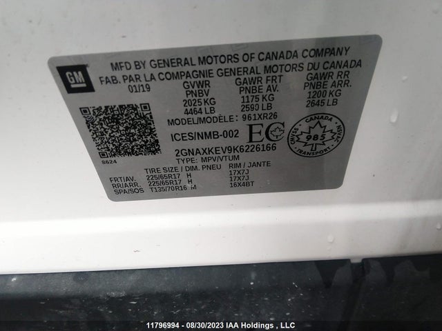 2GNAXKEV9K6226166 Chevrolet EQUINOX LT