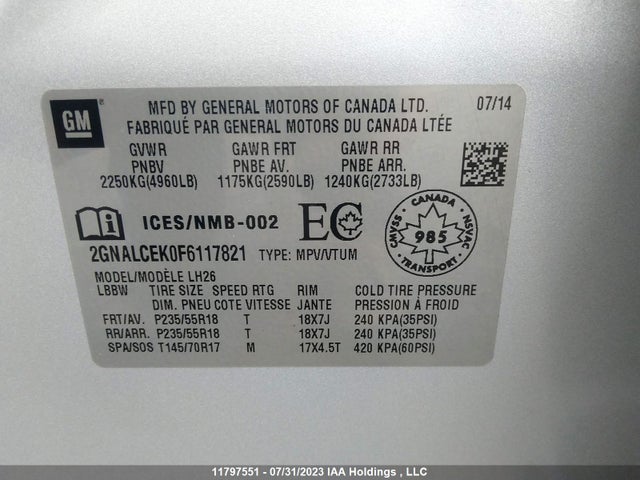 Chevrolet EQUINOX LT 2015 2GNALCEK0F6117821 Image 9