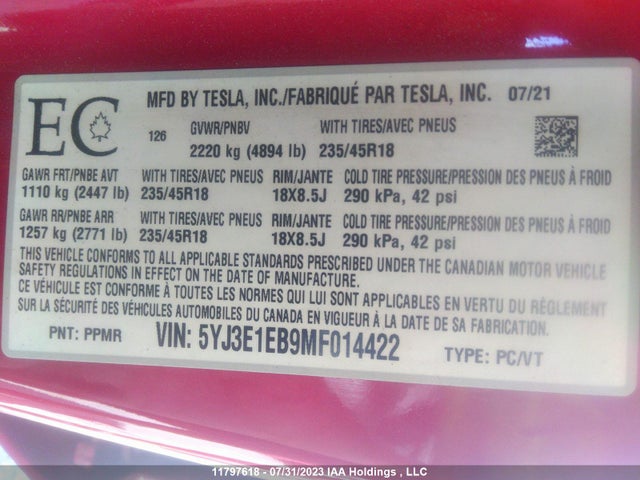 5YJ3E1EB9MF014422 Tesla MODEL 3