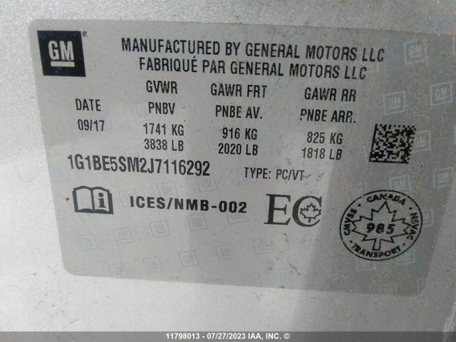 Chevrolet CRUZE LT 2018 1G1BE5SM2J7116292 Image 9