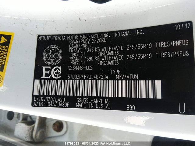 Toyota Highlander Limited/ltd Platinum 2018 5TDDZRFH7JS487334 Image 9