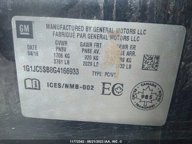 Chevrolet SONIC LT 2016 1G1JC5SB8G4166933 Image 9