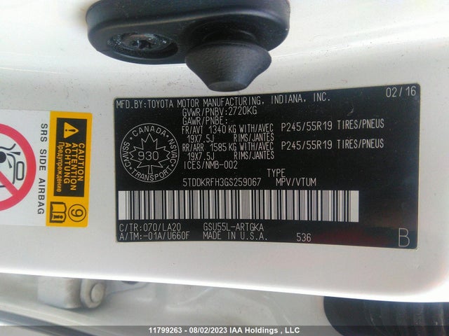 Toyota Highlander Limited/ltd Platinum 2016 5TDDKRFH3GS259067 Image 9