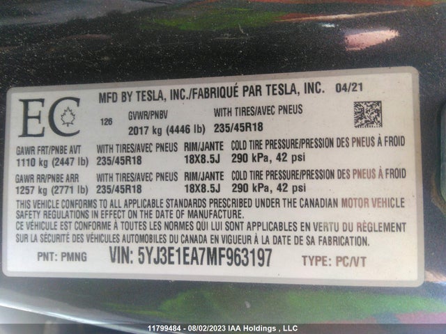 5YJ3E1EA7MF963197 Tesla MODEL 3