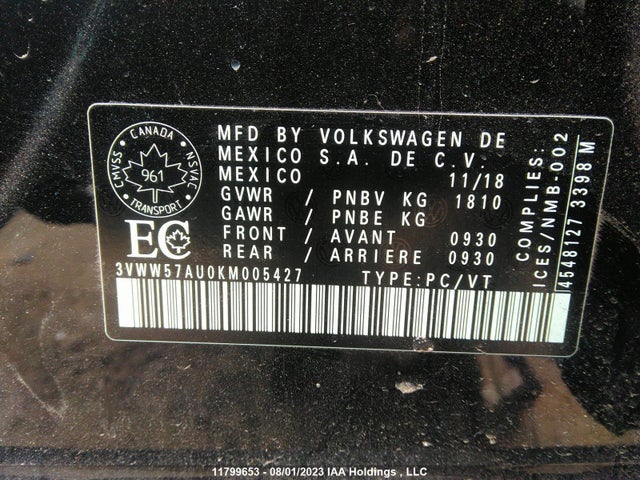 3VWW57AU0KM005427 Volkswagen GOLF S/SE