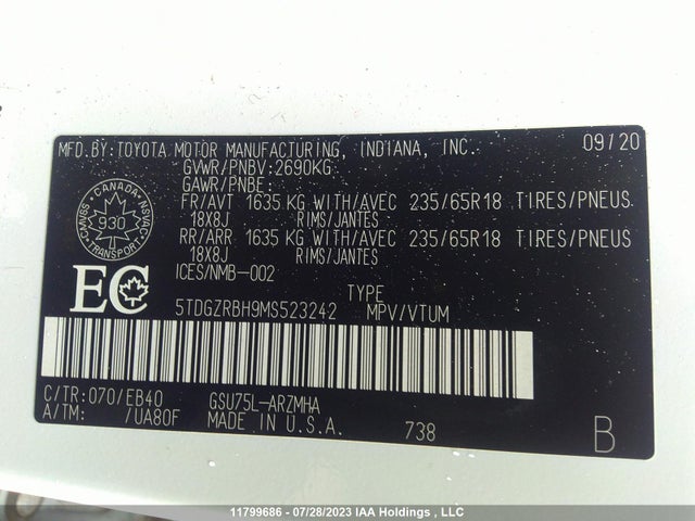 Toyota Highlander Xle 2021 5TDGZRBH9MS523242 Image 9