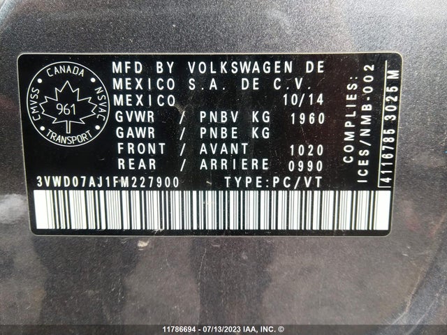 3VWD07AJ1FM227900 Volkswagen JETTA SE