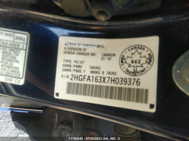 11793340 :رقم المزاد ، 2HGFA163X7H039376 vin ، 2007 Honda Civic Dx مزاد بيع