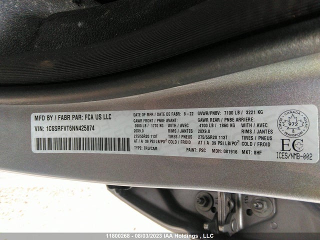 1C6SRFVT6NN425874 RAM 1500 Sport