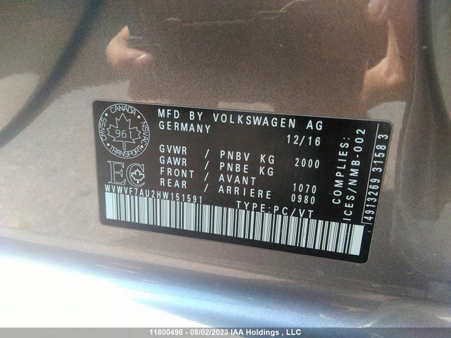 WVWVF7AU2HW151591 Volkswagen Golf R
