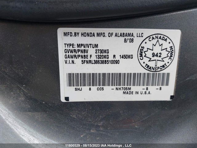 Продажа на аукционе авто 2008 Honda Odyssey Ex-l, vin: 5FNRL38638B510090, номер лота: 11800529