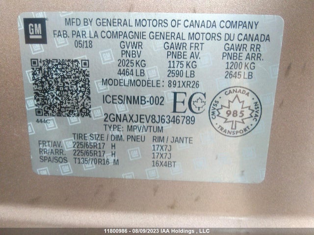 Chevrolet EQUINOX LT 2018 2GNAXJEV8J6346789 Image 9