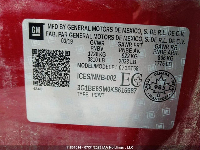 Chevrolet CRUZE LT 2019 3G1BE6SM0KS616587 Image 9