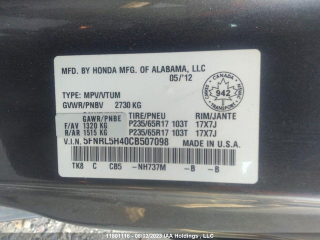 2012 Honda Odyssey Ex მანქანა იყიდება აუქციონზე, vin: 5FNRL5H40CB507098, აუქციონის ნომერი: 11801116