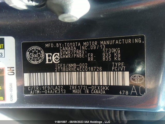 11801897 :رقم المزاد ، 2T1BURHE4EC018726 vin ، 2014 Toyota Corolla L/le/le Pls/prm/s/s Pls مزاد بيع