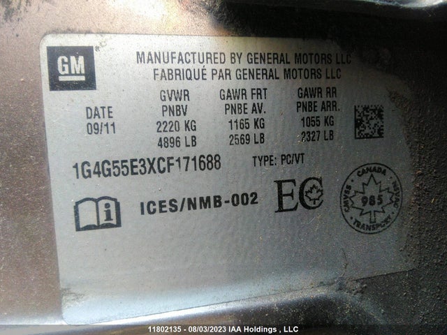 Продаж на аукціоні авто 2012 Buick Lacrosse, vin: 1G4G55E3XCF171688, номер лоту: 11802135
