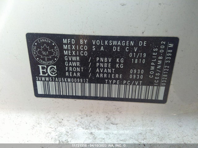 3VWW57AU5KM009912 Volkswagen GOLF S/SE